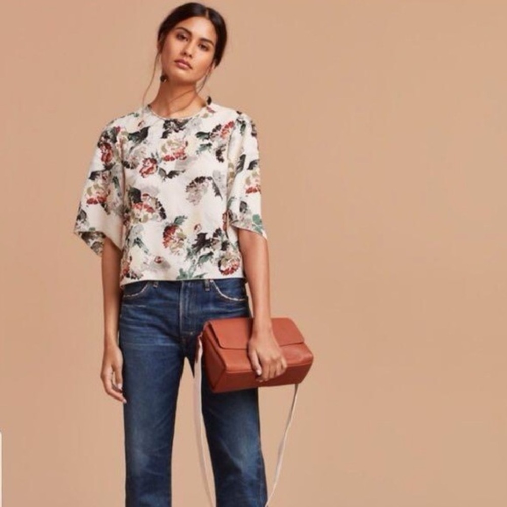 ARITZIA WILFRED Chambrai Floral Blouse Bell Sleeves Cream Shirt sz M